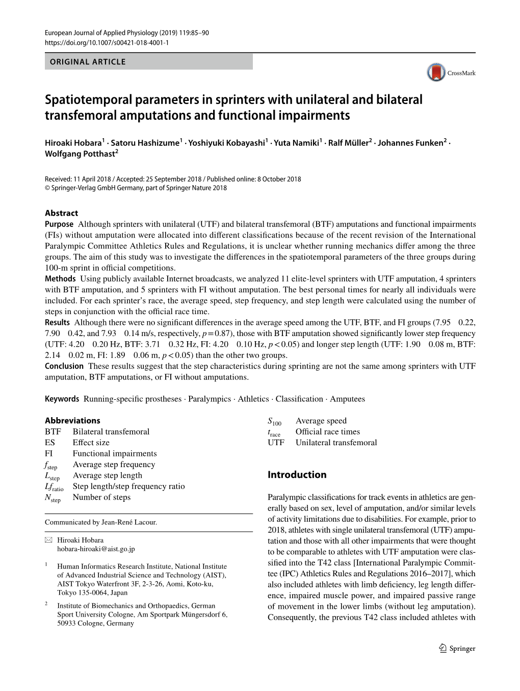 Spatiotemporal Parameters in Sprinters with Unilateral and Bilateral Transfemoral Amputations and Functional Impairments