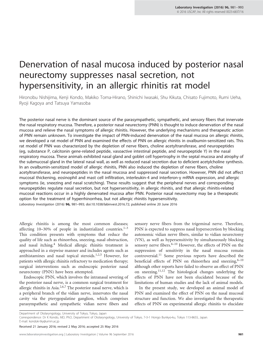 Denervation of Nasal Mucosa Induced by Posterior Nasal Neurectomy