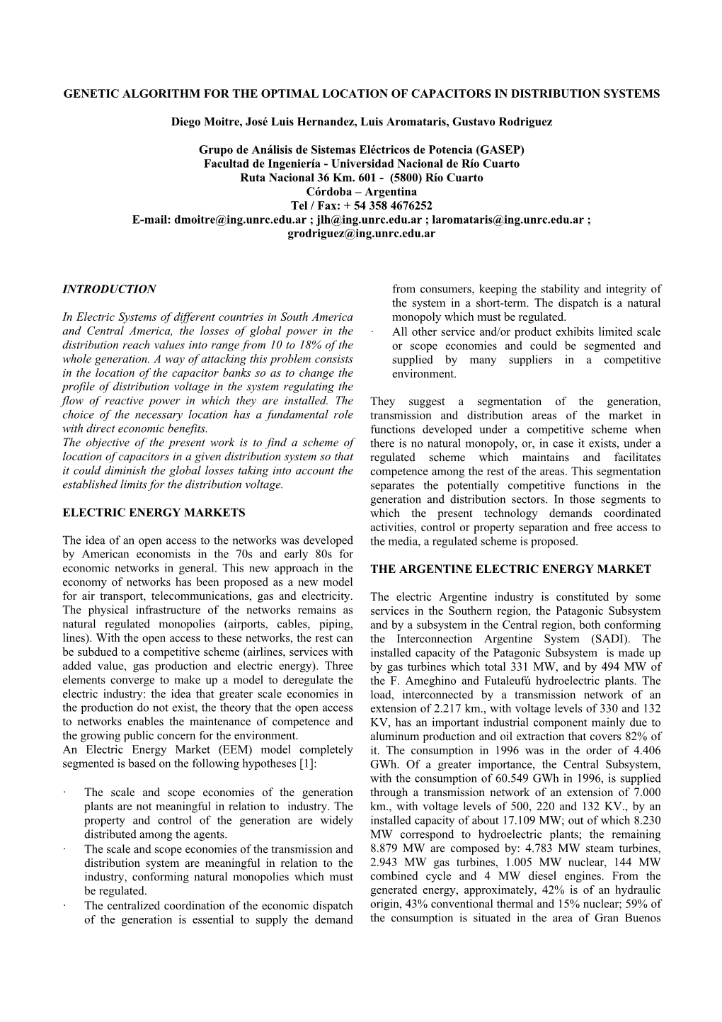 Genetic Algorithm for the Optimal Location of Capacitors in Distribution Systems