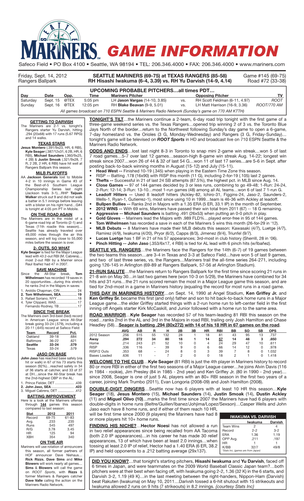 Mariners Game Notes • FRIDAY • SEPTEMBER 14, 2012 • at TEXAS RANGERS • Page 2
