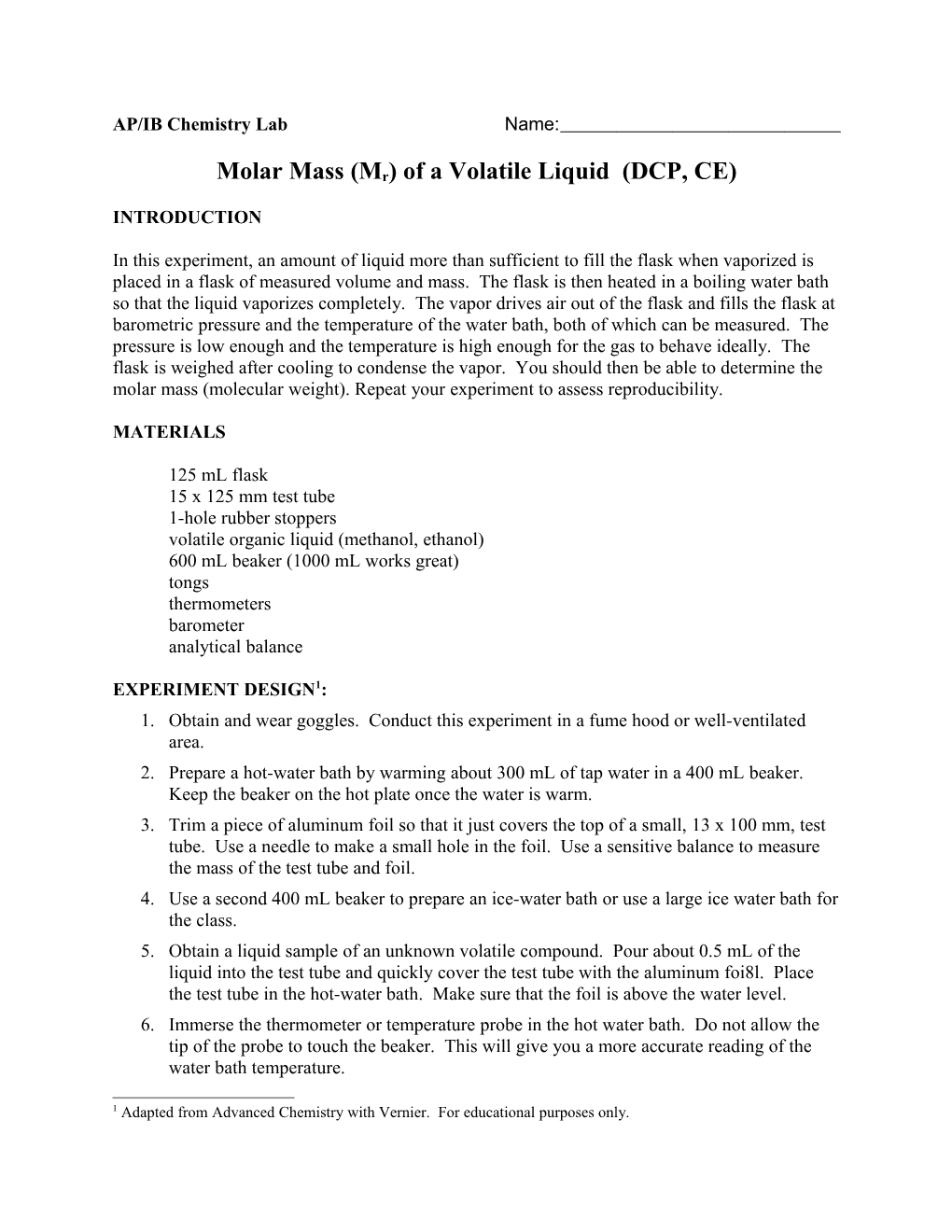 Molecular Weight of a Volatile Liquid 1991 AP Exam Lab Question