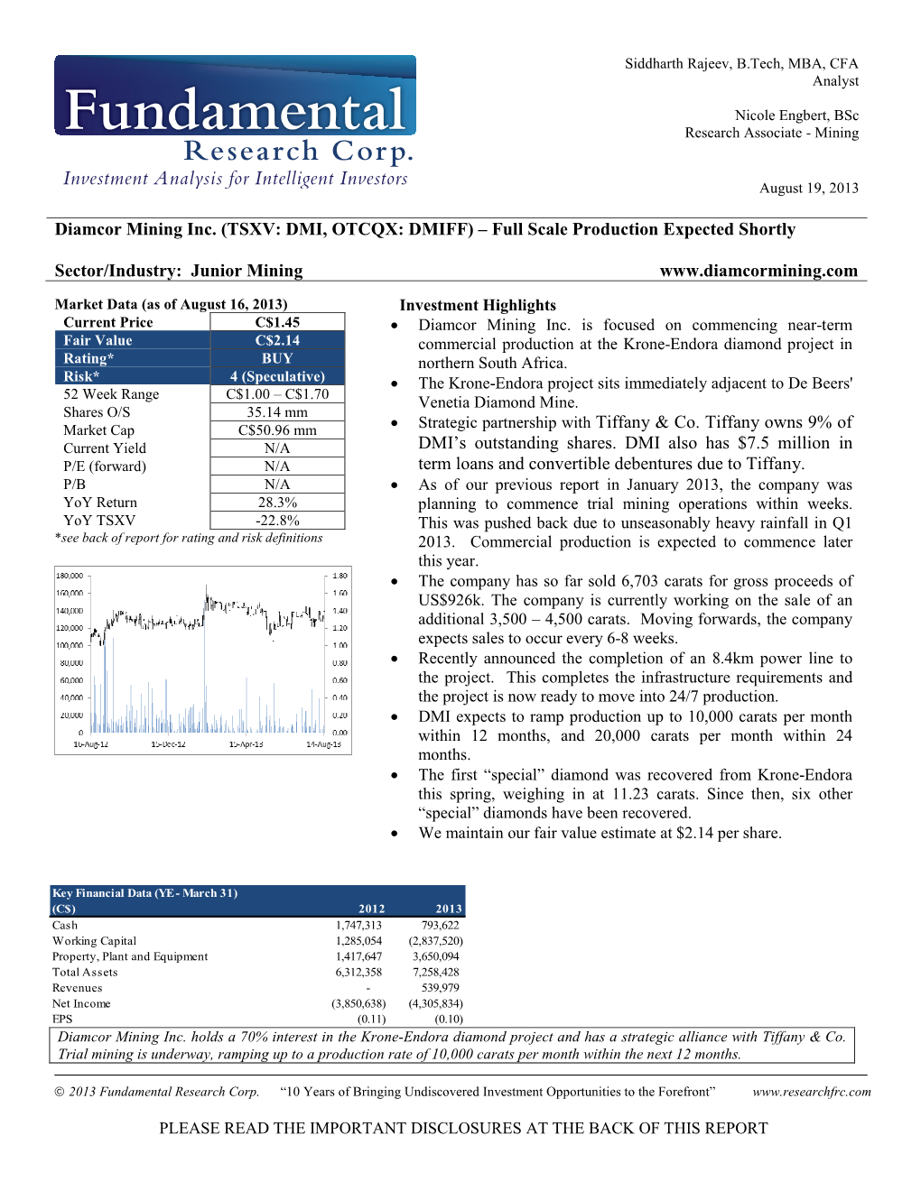 (TSXV: DMI, OTCQX: DMIFF) – Full Scale Production Expected Shortly