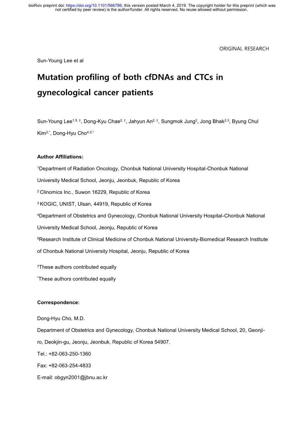 Mutation Profiling of Both Cfdnas and Ctcs in Gynecological Cancer Patients