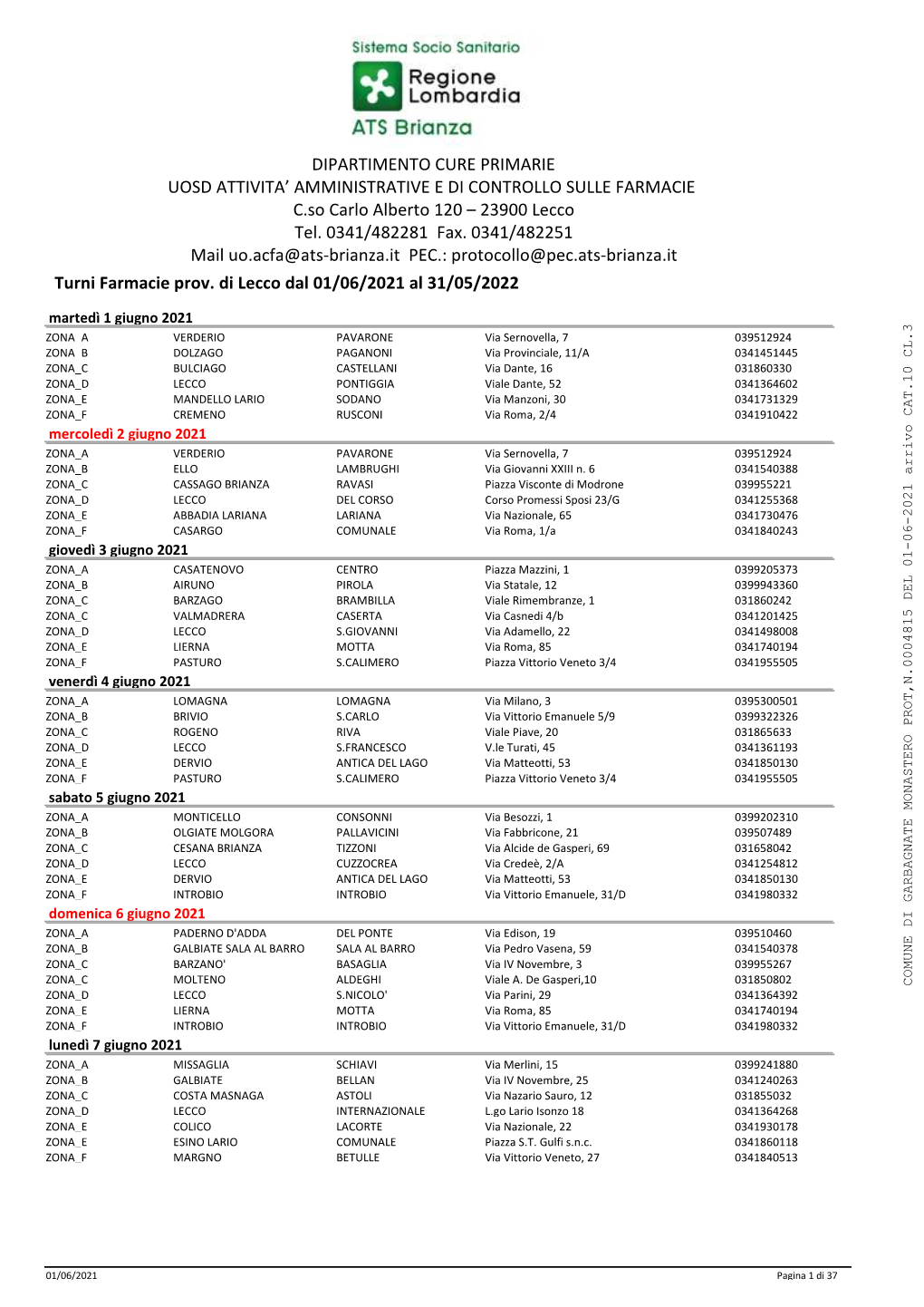 Turni Farmacie Prov. Di Lecco Dal 01/06/2021 Al 31/05/2022