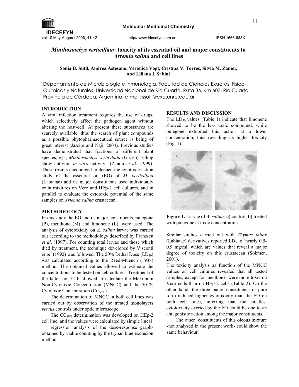 Minthostachys Verticillata: Toxicity of Its Essential Oil and Major Constituents to Artemia Salina and Cell Lines