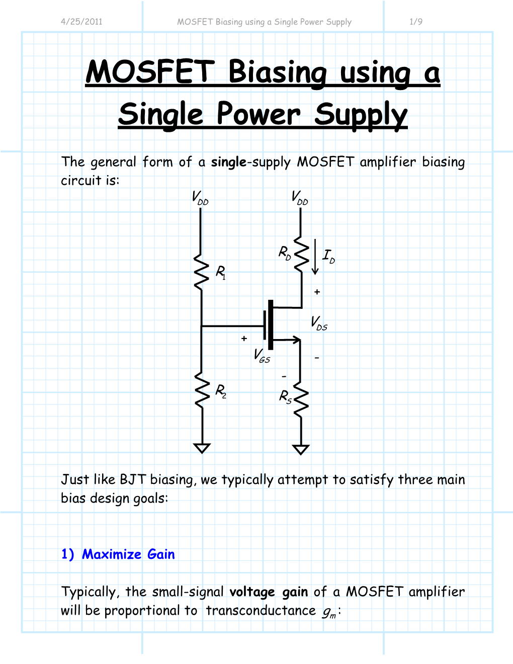 MOSFET Biasing Using a Single Power Supply 1/9