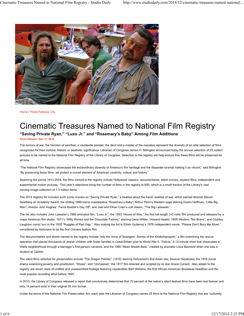 Cinematic Treasures Named to National Film Registry - Studio Daily