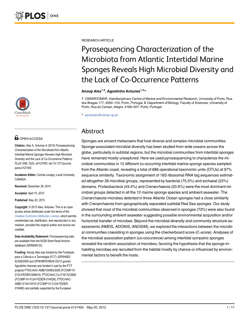 Pyrosequencing Characterization of the Microbiota from Atlantic Intertidal Marine Sponges Reveals High Microbial Diversity and the Lack of Co-Occurrence Patterns