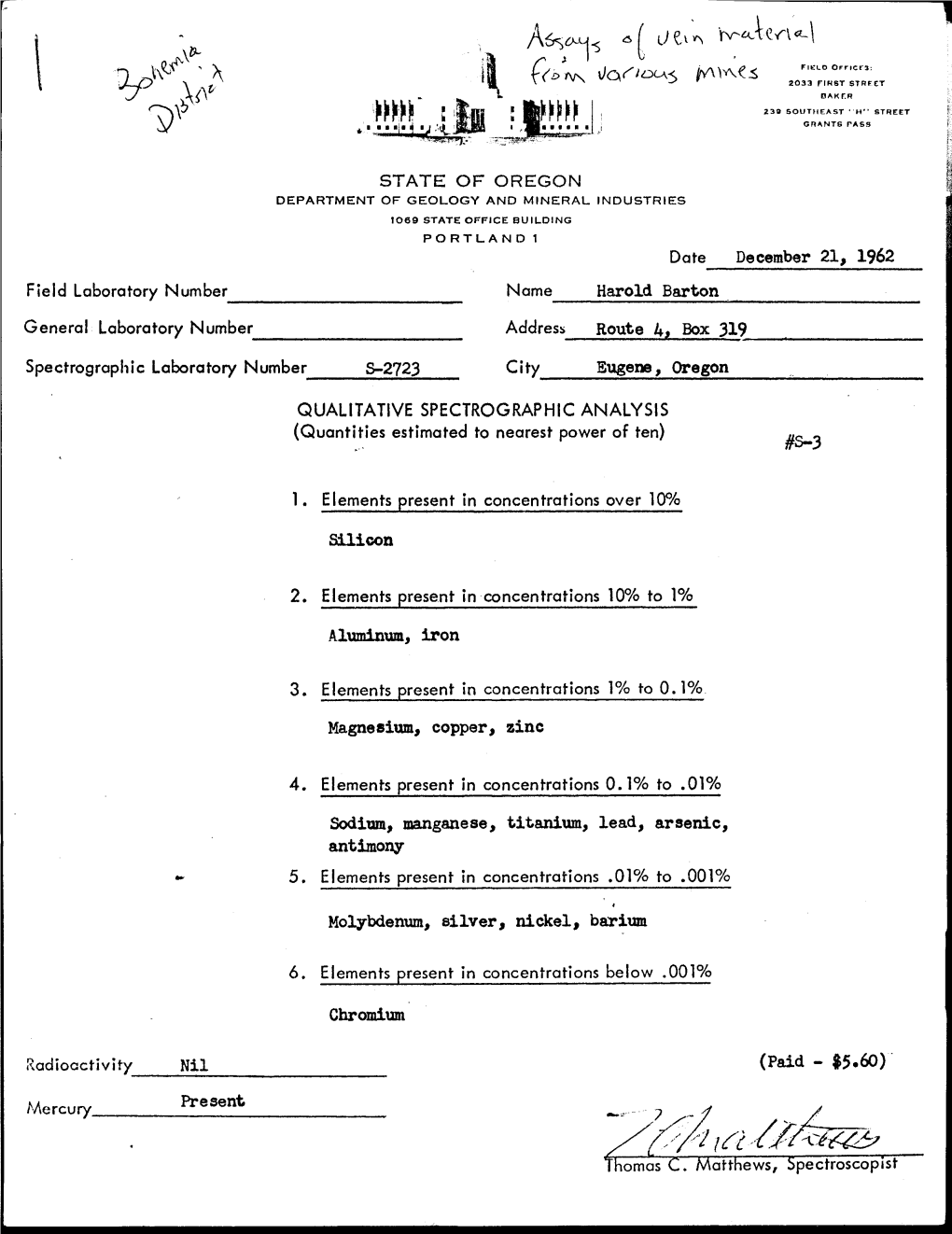 Bohemia Mine Assays Report