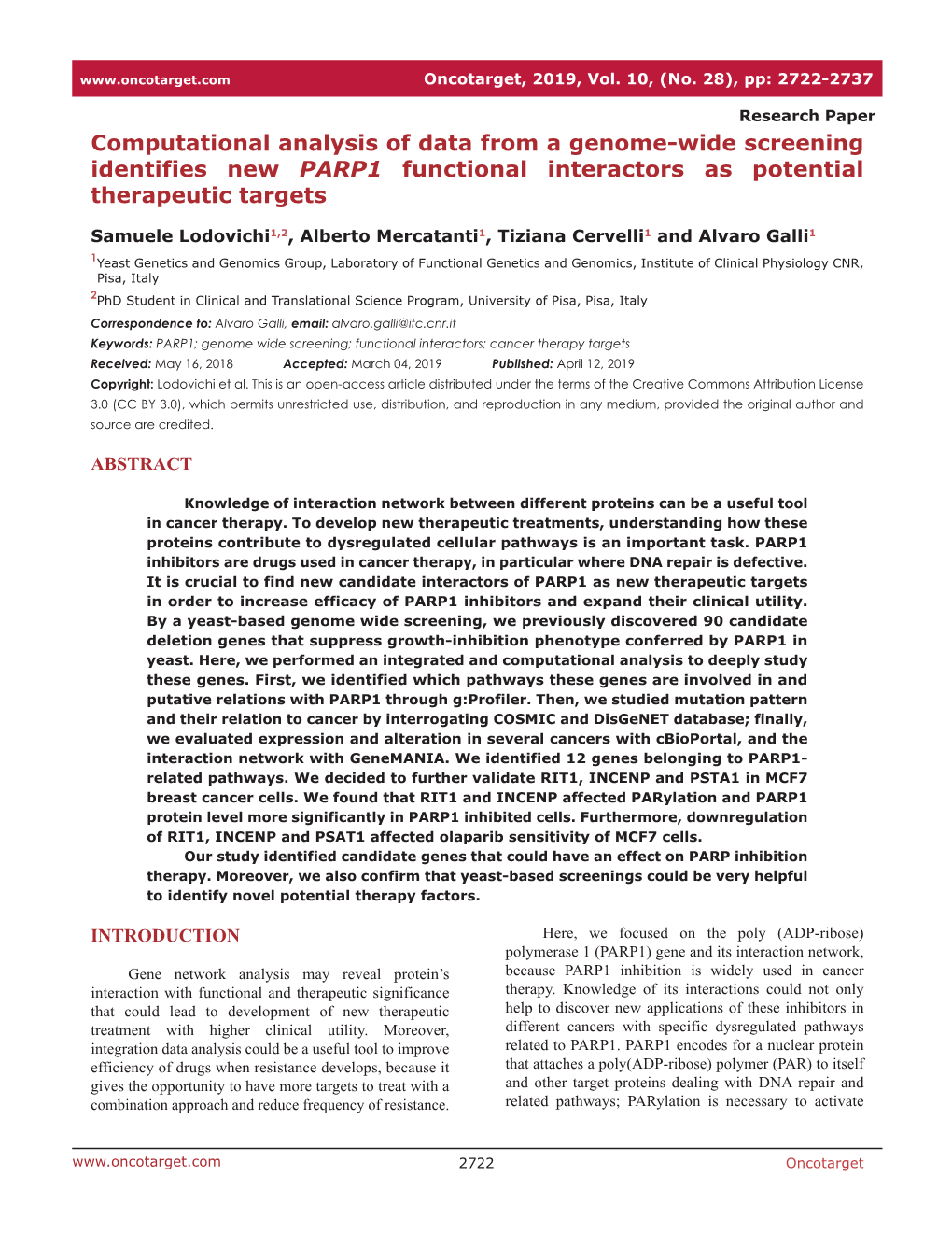 Computational Analysis of Data from a Genome-Wide Screening Identifies New PARP1 Functional Interactors As Potential Therapeutic Targets