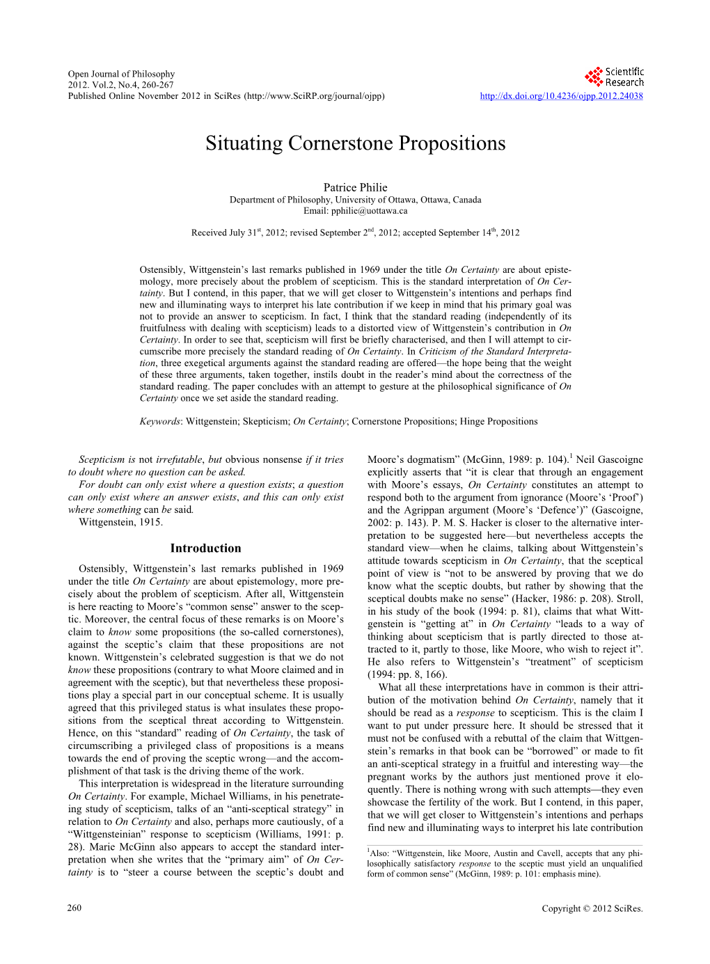 Situating Cornerstone Propositions