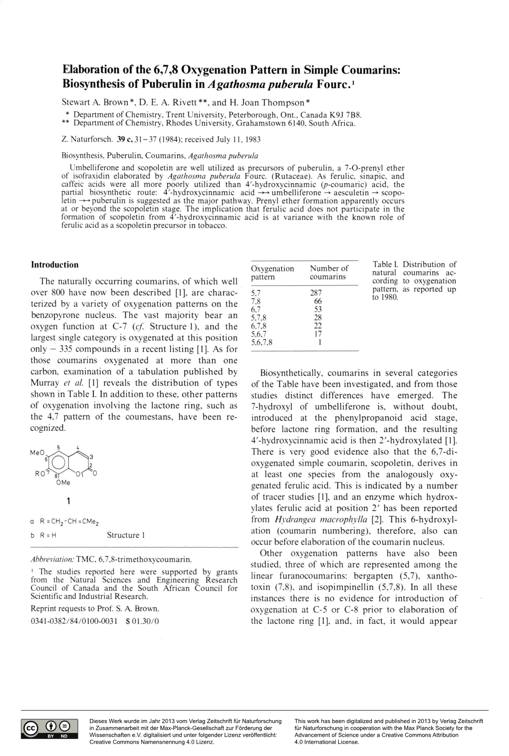 Elaboration of the 6,7,8 Oxygenation Pattern in Simple Coumarins: Biosynthesis of Puberulin in Agathosma Puberula Fourc.1