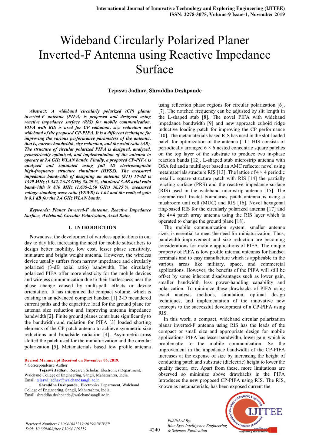 Wideband Circularly Polarized Planer Inverted-F Antenna Using Reactive Impedance Surface