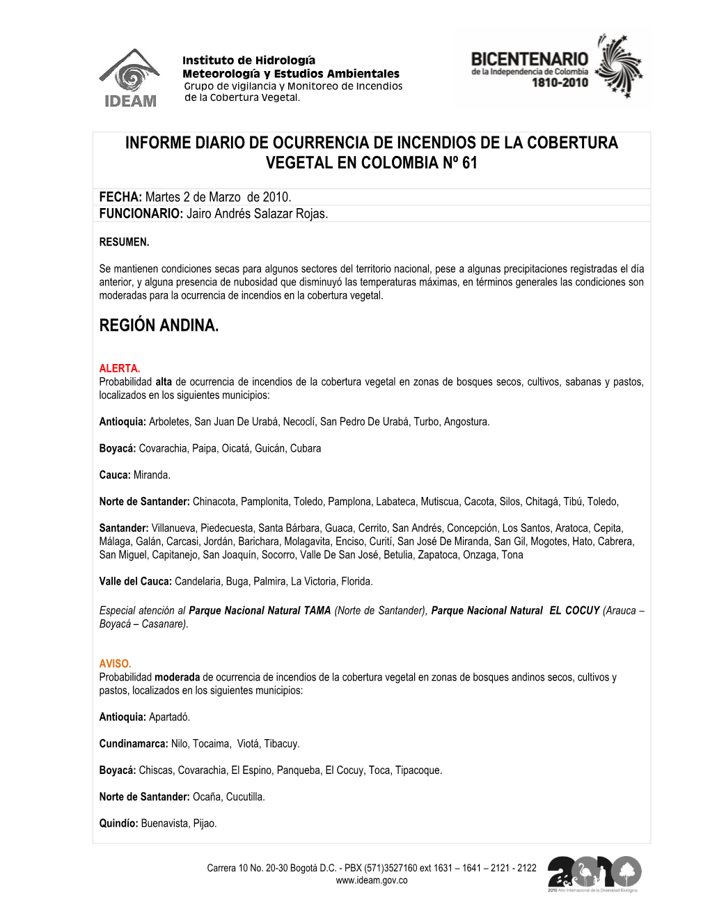 Informe Diario De Ocurrencia De Incendios De La Cobertura Vegetal En Colombia Nº 61 Región Andina