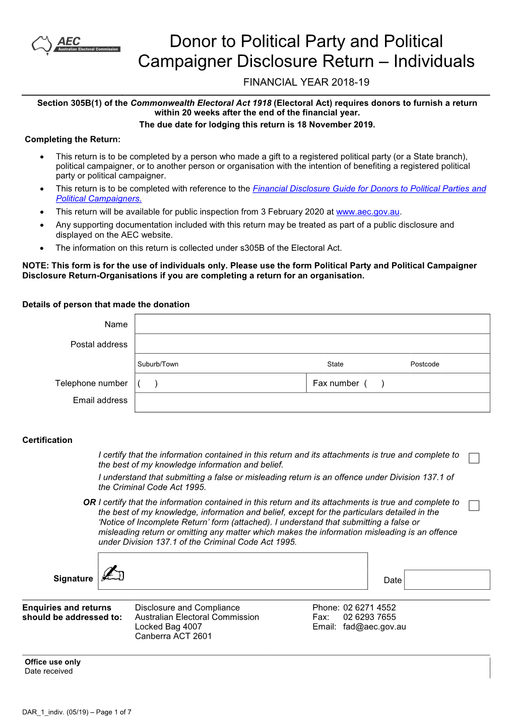 Donor to Political Party and Political Campaigner Disclosure Return