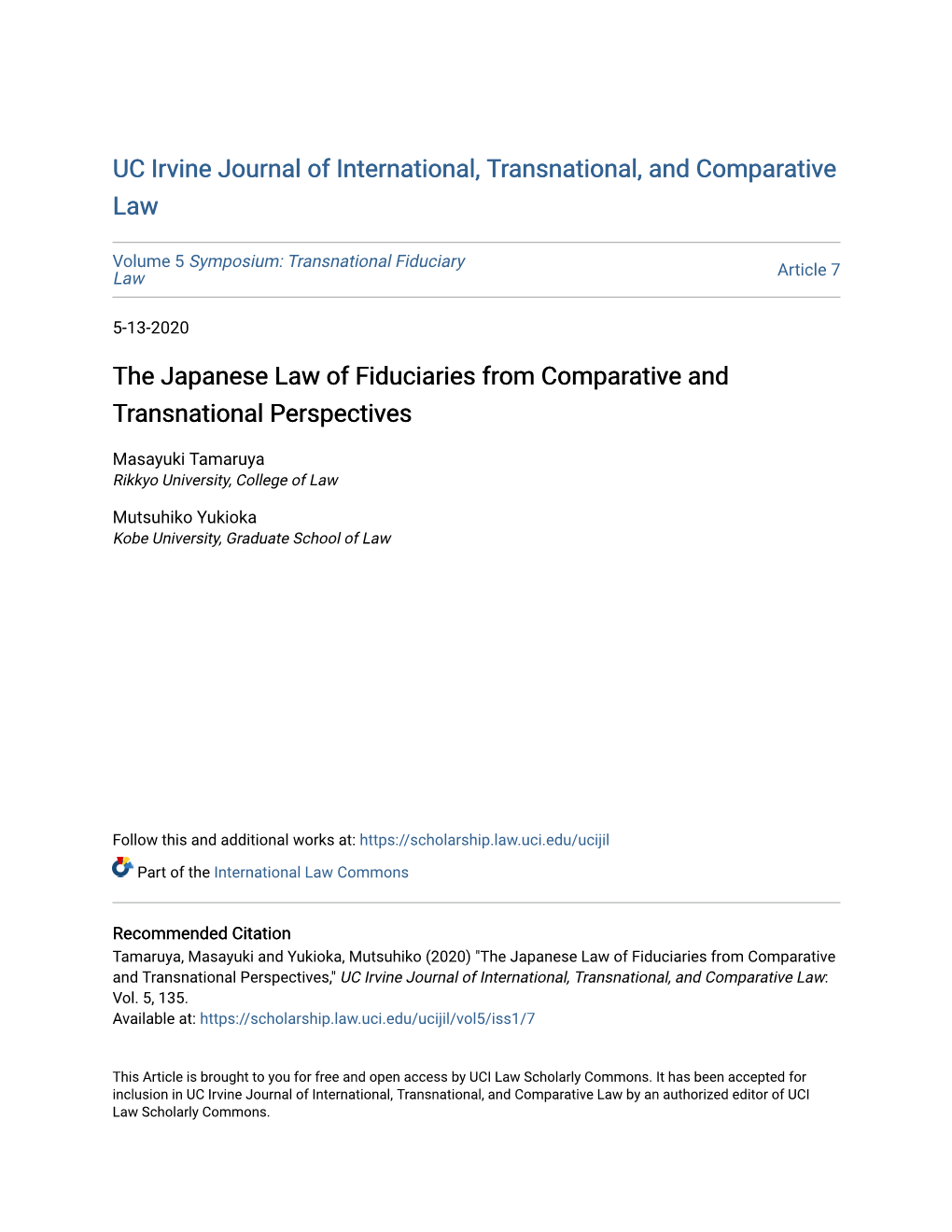 The Japanese Law of Fiduciaries from Comparative and Transnational Perspectives