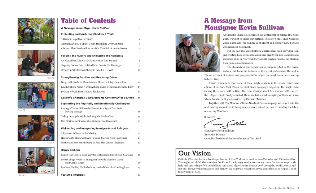 Table of Contents a Message from Monsignor Kevin Sullivan