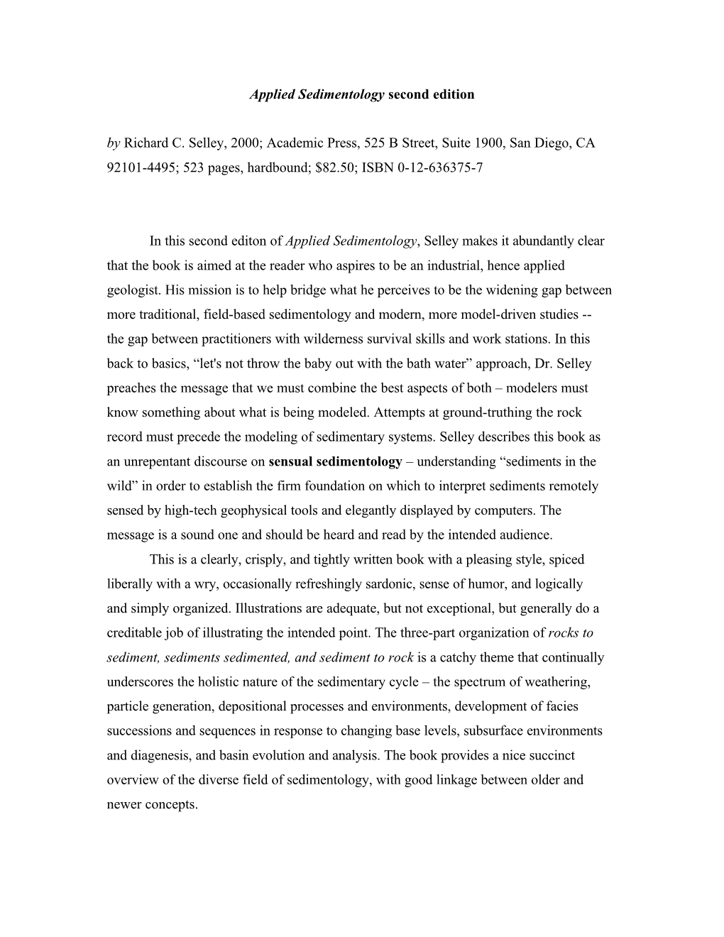 Applied Sedimentology Second Edition by Richard C. Selley