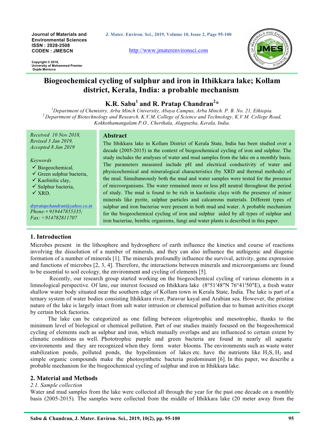 Biogeochemical Cycling of Sulphur and Iron in Ithikkara Lake; Kollam District, Kerala, India: a Probable Mechanism K.R