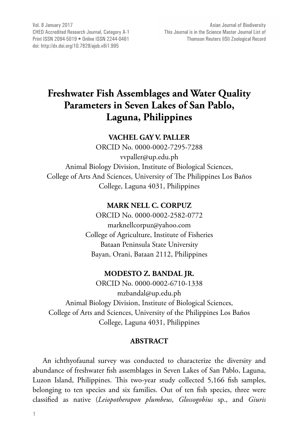 Freshwater Fish Assemblages and Water Quality Parameters in Seven Lakes of San Pablo, Laguna, Philippines