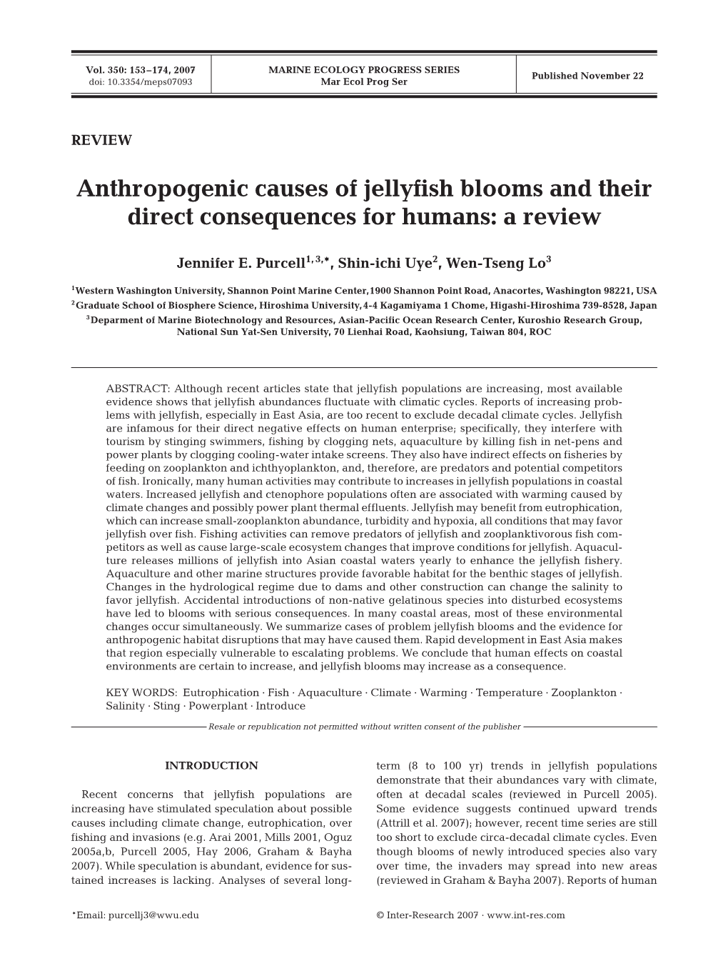 Anthropogenic Causes of Jellyfish Blooms and Their Direct Consequences for Humans: a Review