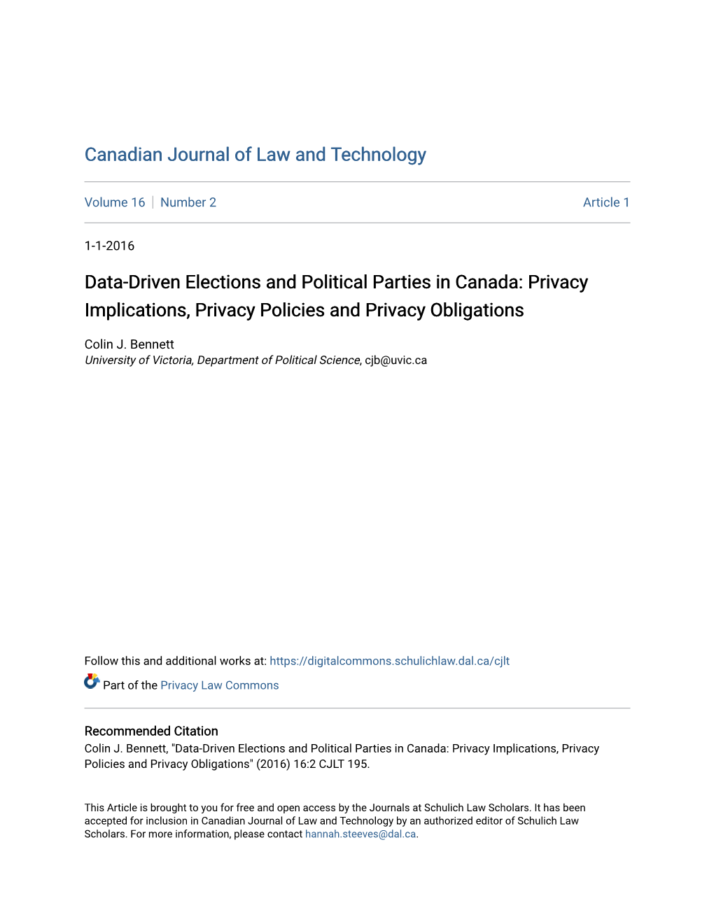 Data-Driven Elections and Political Parties in Canada: Privacy Implications, Privacy Policies and Privacy Obligations