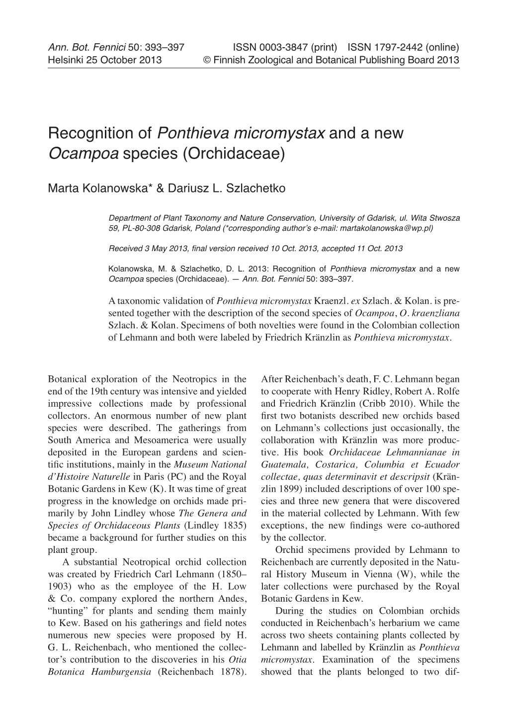 Recognition of Ponthieva Micromystax and a New Ocampoa Species (Orchidaceae)