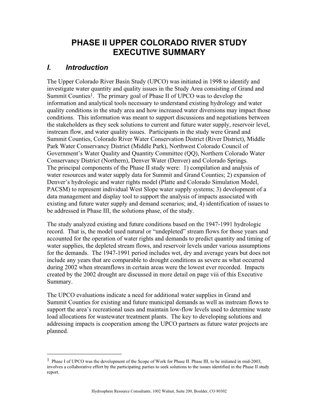 Phase II Upper Colorado River Study Executive Summary (1998)