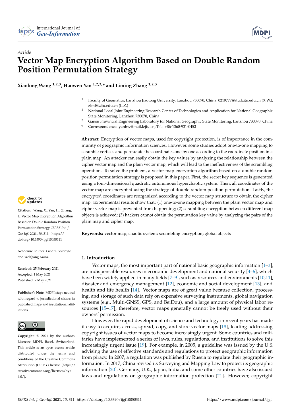 Vector Map Encryption Algorithm Based on Double Random Position Permutation Strategy