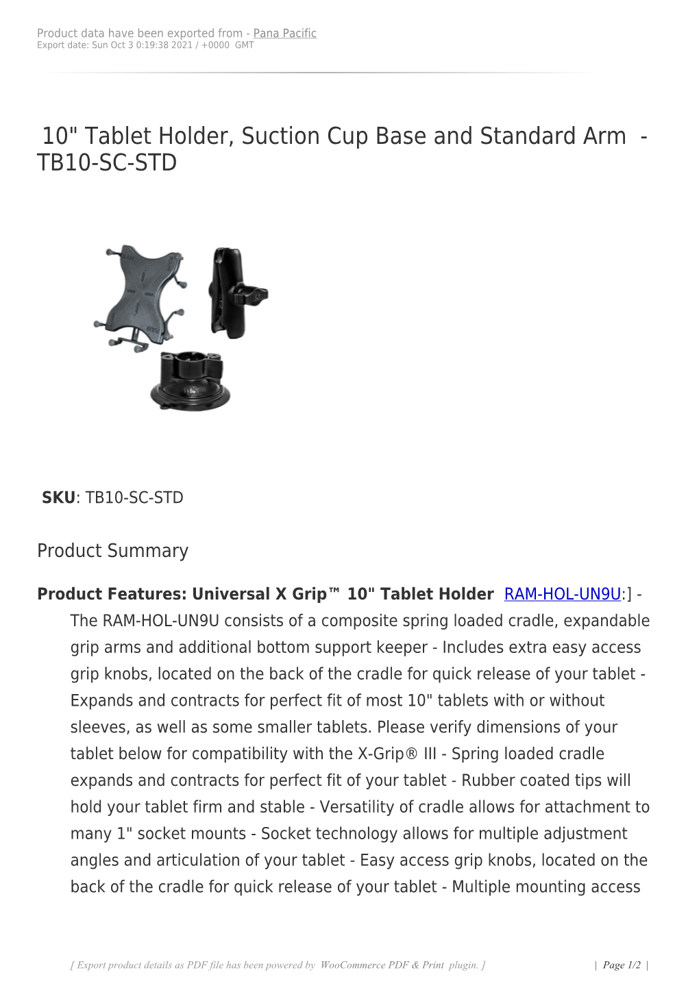 10" Tablet Holder, Suction Cup Base and Standard Arm - TB10-SC-STD
