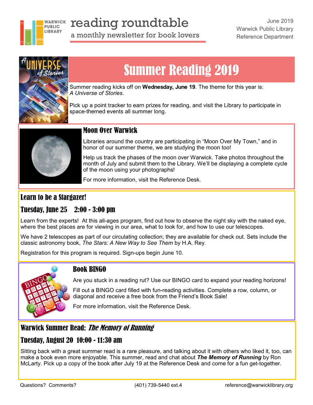 June 2019 Reading Roundtable Warwick Public Library a Monthly Newsletter for Book Lovers Reference Department