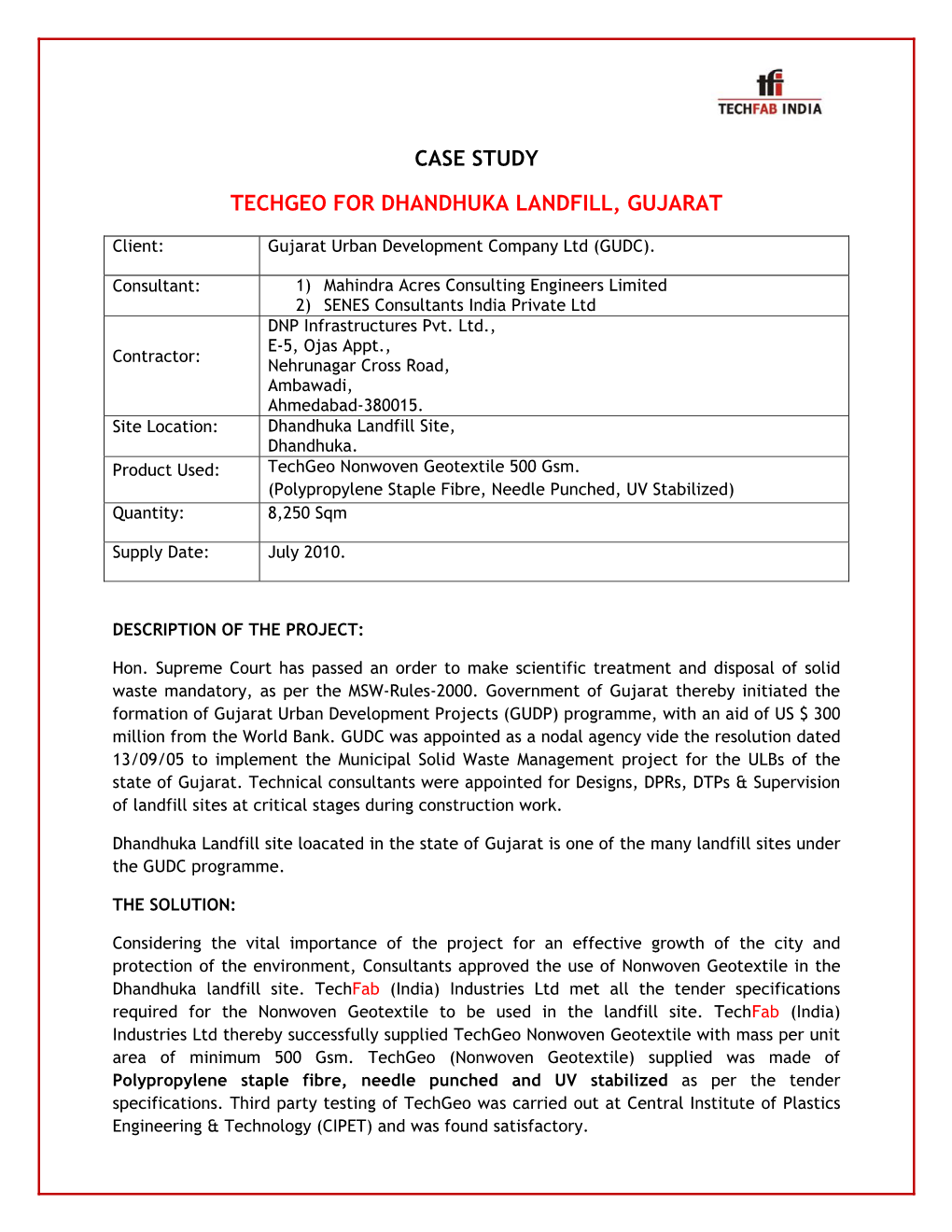 Case Study Techgeo for Dhandhuka Landfill, Gujarat