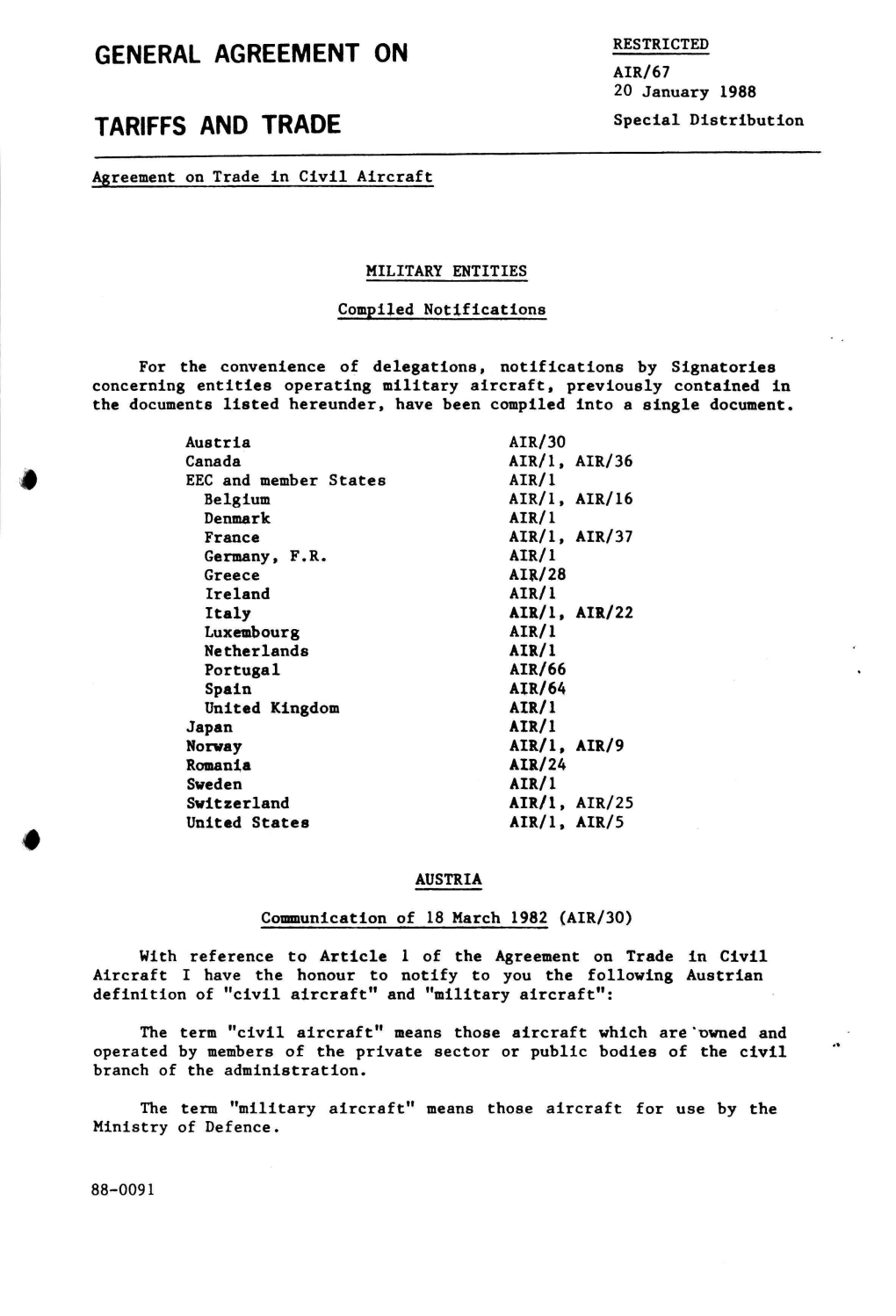 AIR/67 20 January 1988 TARIFFS and TRADE Special Distribution