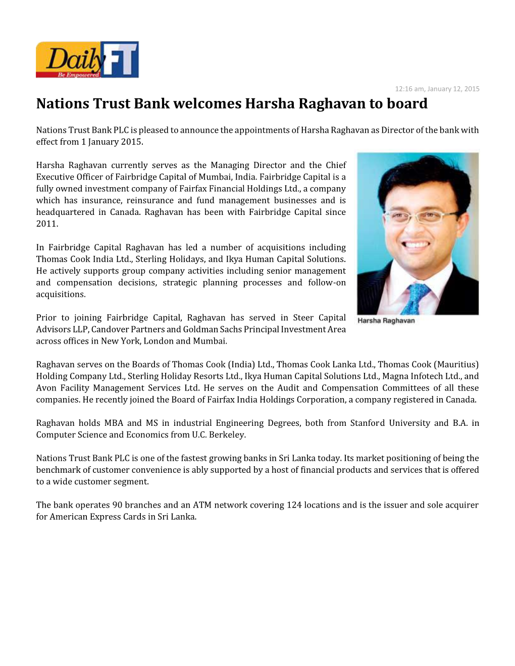 Nations Trust Bank Welcomes Harsha Raghavan to Board