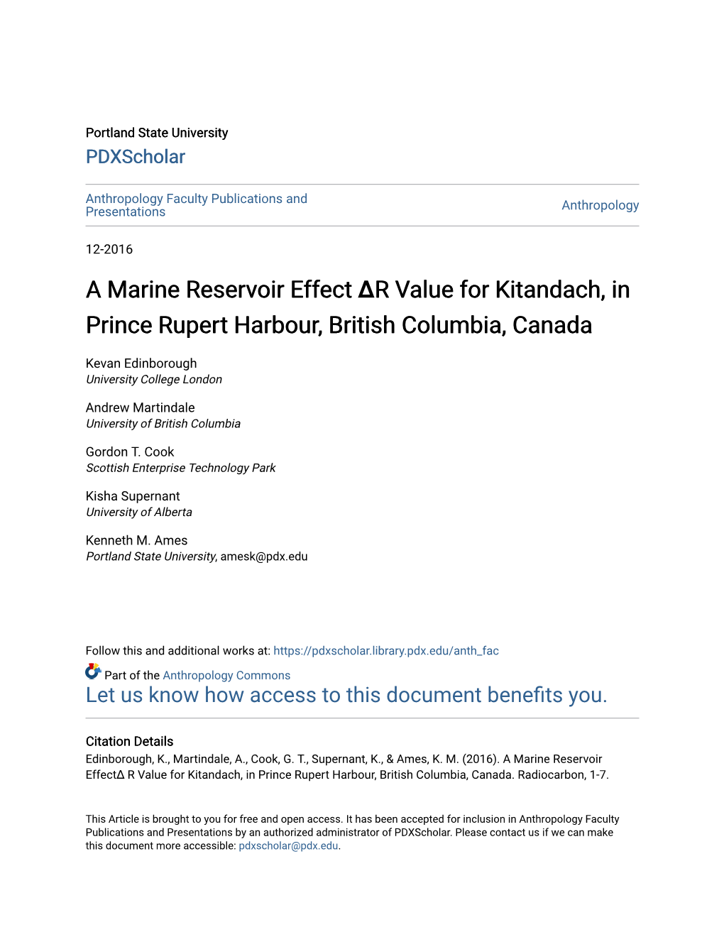 A Marine Reservoir Effect ∆R Value for Kitandach, in Prince Rupert Harbour, British Columbia, Canada