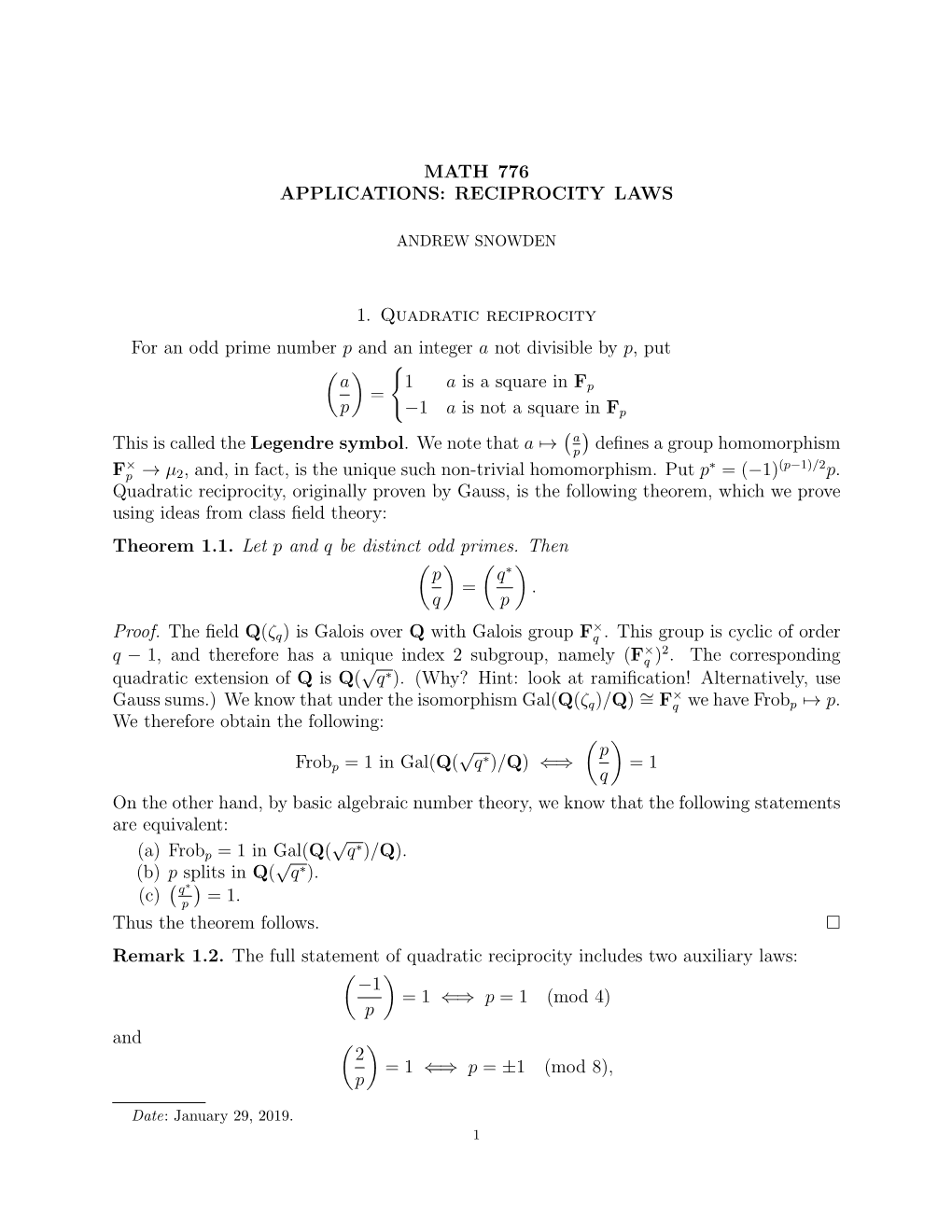 MATH 776 APPLICATIONS: RECIPROCITY LAWS 1. Quadratic