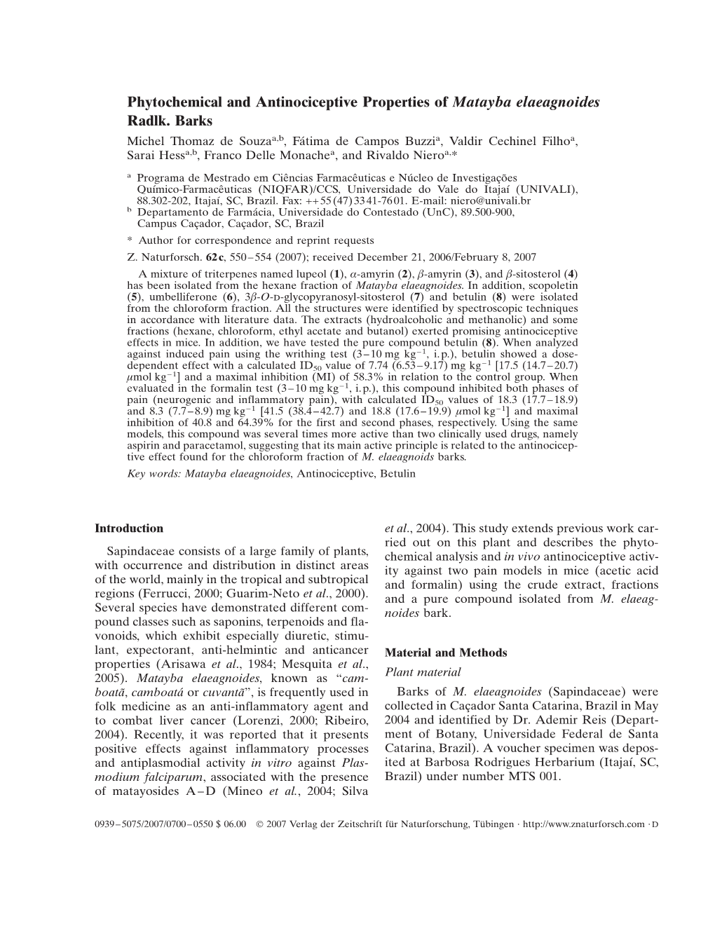 Phytochemical and Antinociceptive Properties of Matayba Elaeagnoides Radlk