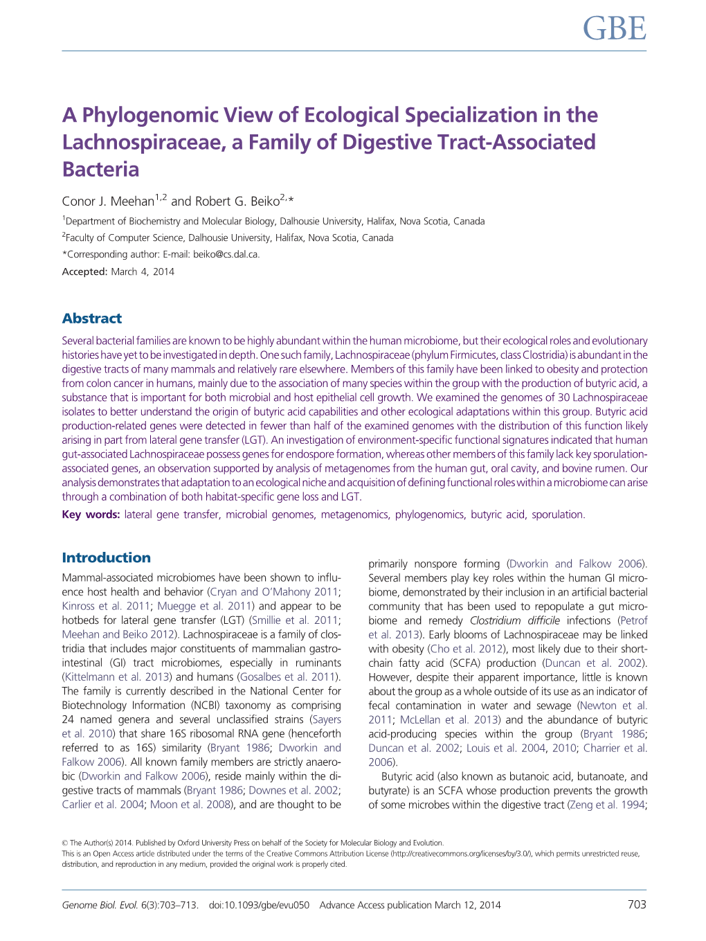 A Phylogenomic View of Ecological Specialization in the Lachnospiraceae, a Family of Digestive Tract-Associated Bacteria