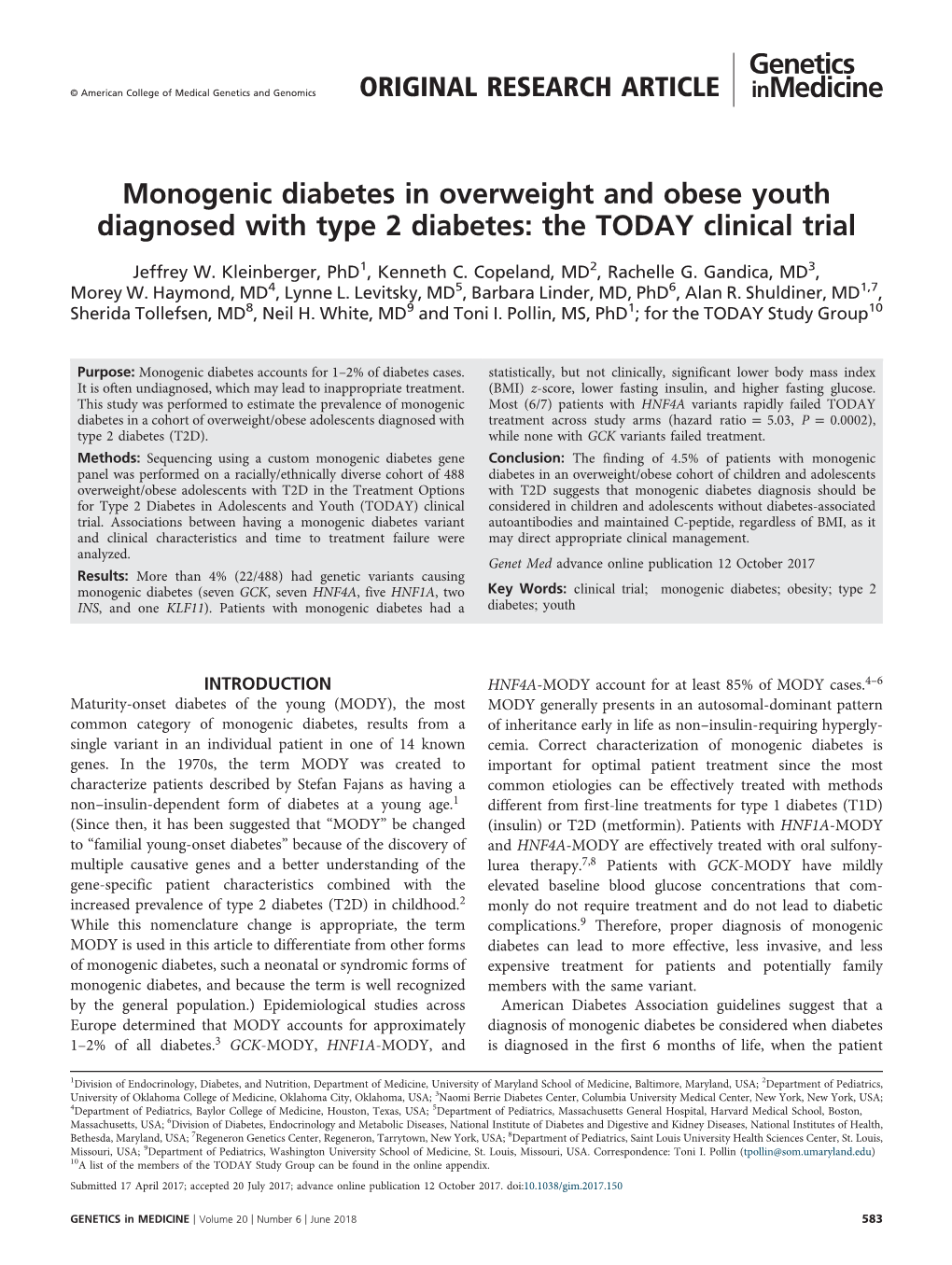 Monogenic Diabetes in Overweight and Obese Youth Diagnosed with Type 2 Diabetes: the TODAY Clinical Trial