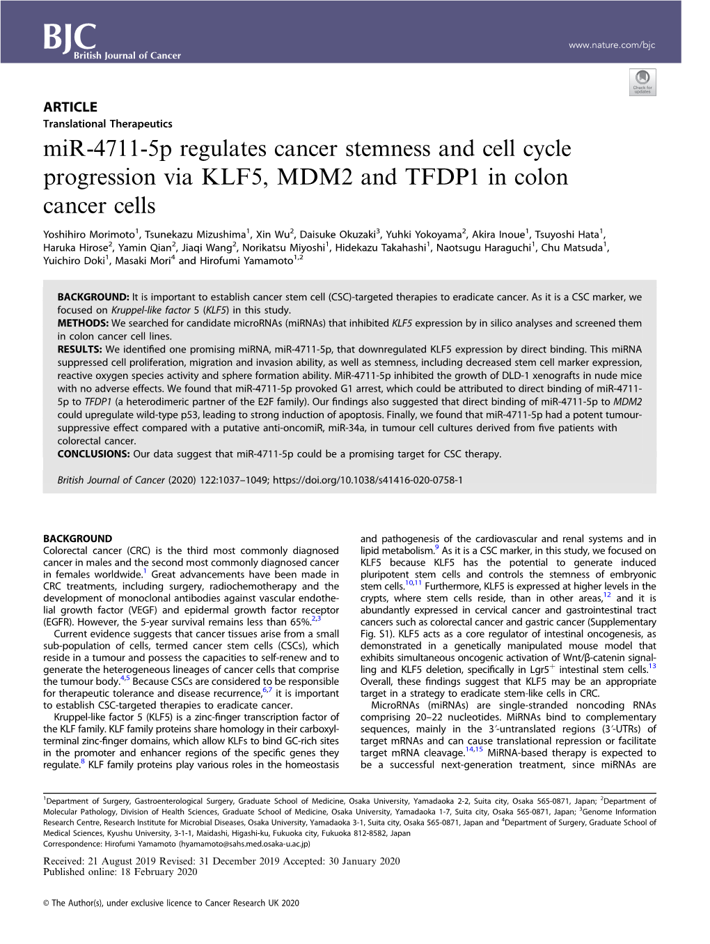 Mir-4711-5P Regulates Cancer Stemness and Cell Cycle Progression Via KLF5, MDM2 and TFDP1 in Colon Cancer Cells