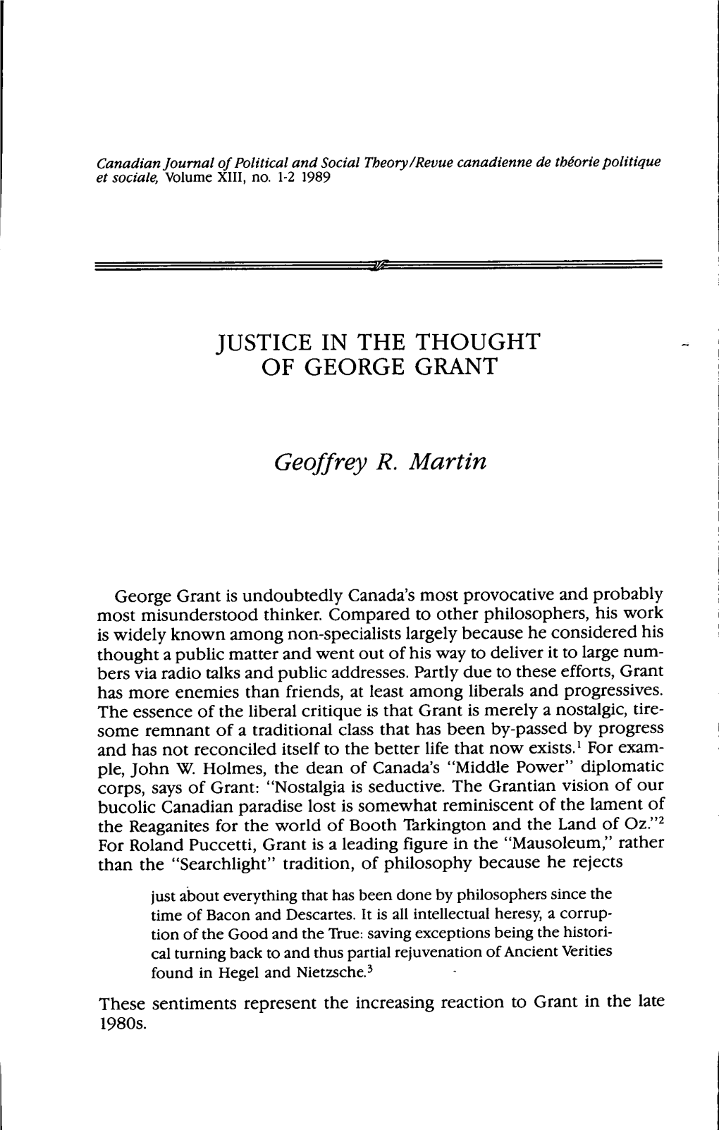 Justice in the Thought of George Grant