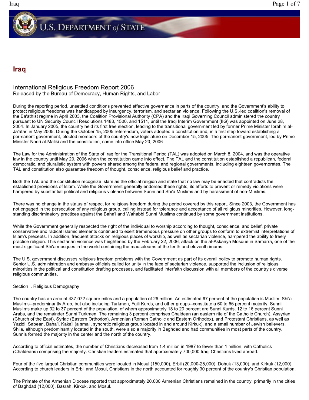 International Religious Freedom Report 2006 Page 1 of 7 Iraq