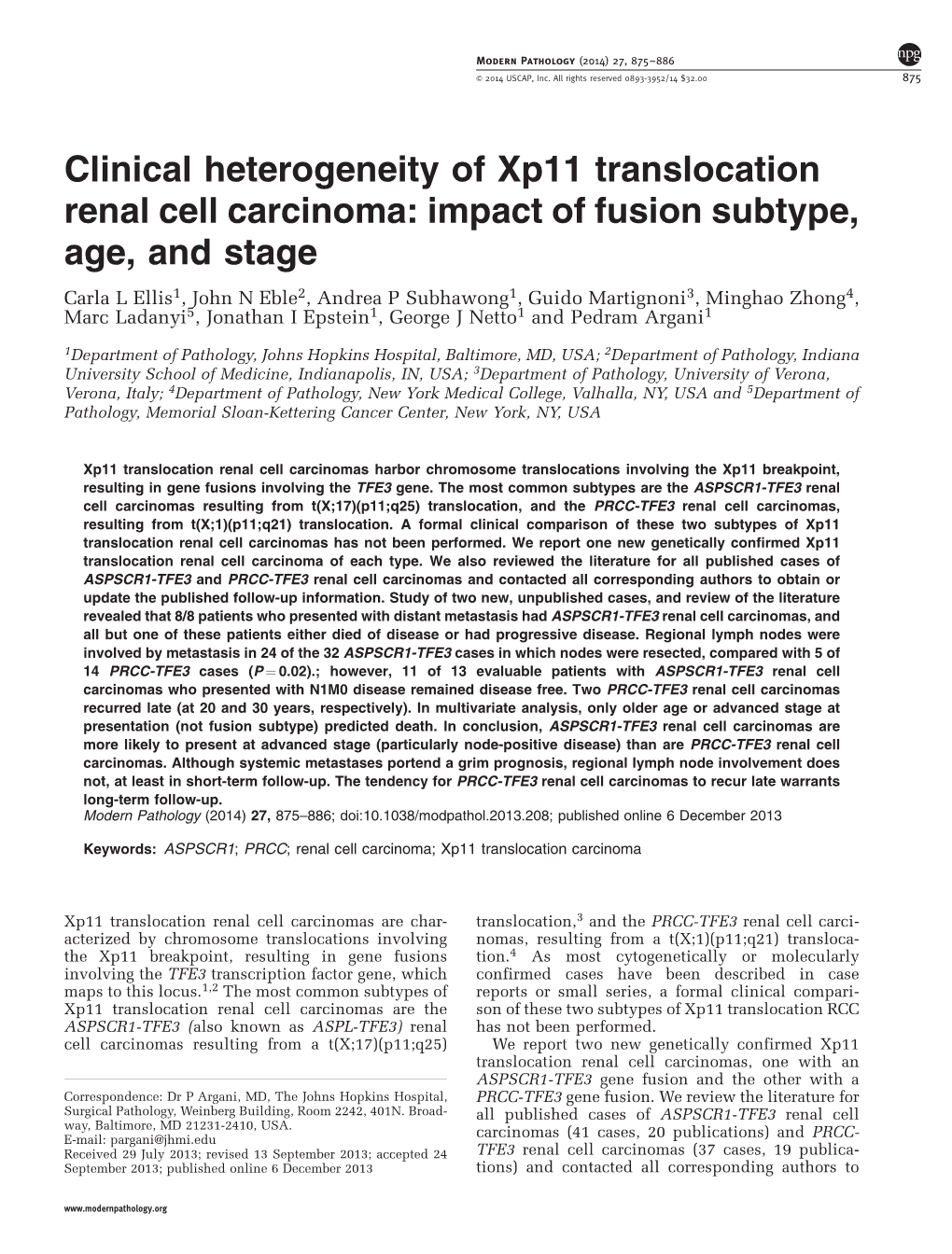 Clinical Heterogeneity of Xp11 Translocation Renal Cell Carcinoma