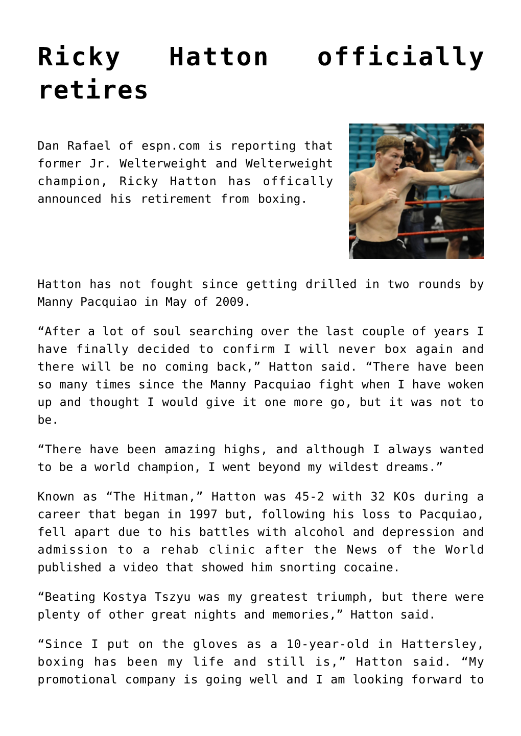 Ricky Hatton Officially Retires