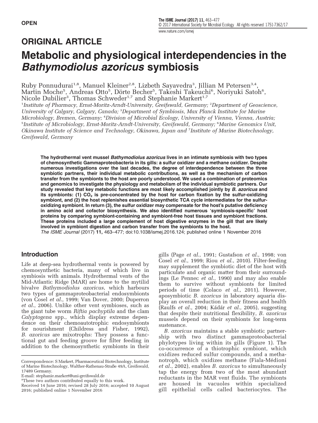 Metabolic and Physiological Interdependencies in the Bathymodiolus Azoricus Symbiosis