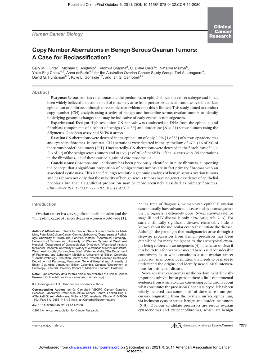 Copy Number Aberrations in Benign Serous Ovarian Tumors: a Case for Reclassiﬁcation?