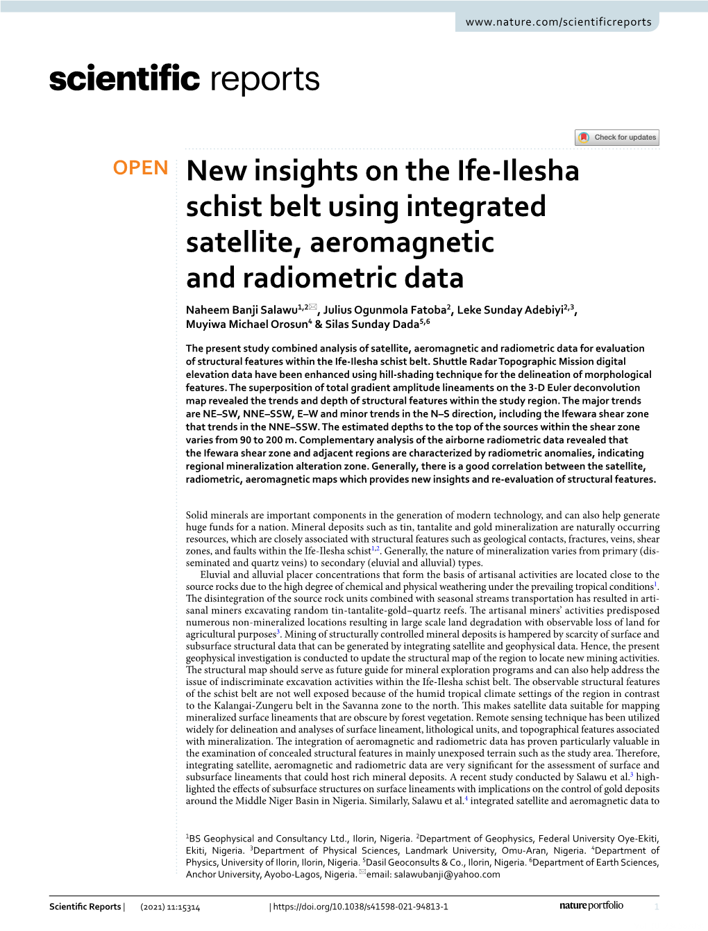 New Insights on the Ife-Ilesha Schist Belt Using Integrated Satellite, Aeromagnetic and Radiometric Data