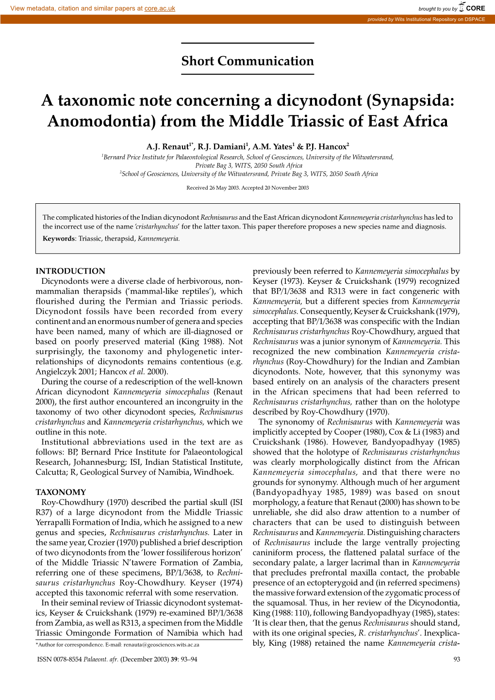 A Taxonomic Note Concerning a Dicynodont (Synapsida: Anomodontia) from the Middle Triassic of East Africa