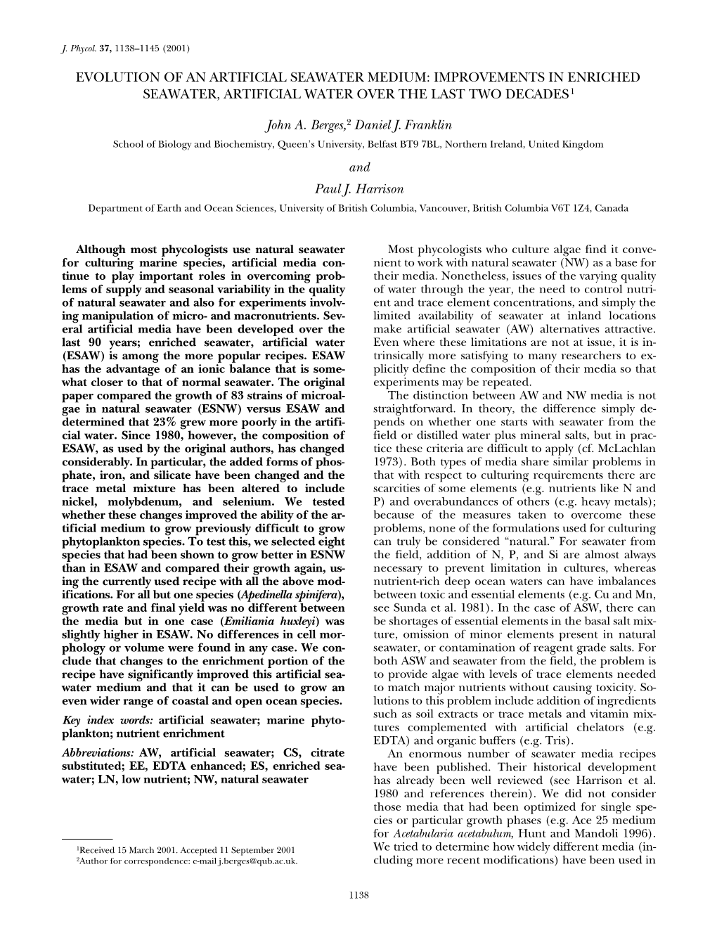 Evolution of an Artificial Seawater Medium: Improvements in Enriched Seawater, Artificial Water Over the Last Two Decades 1