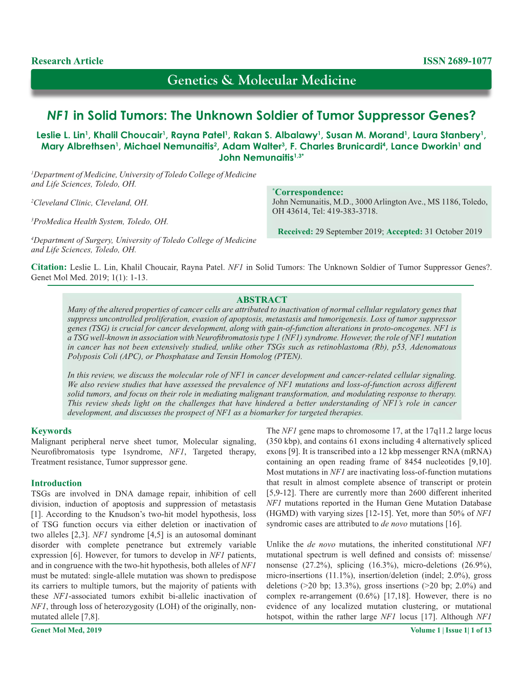 NF1 in Solid Tumors: the Unknown Soldier of Tumor Suppressor Genes? Leslie L